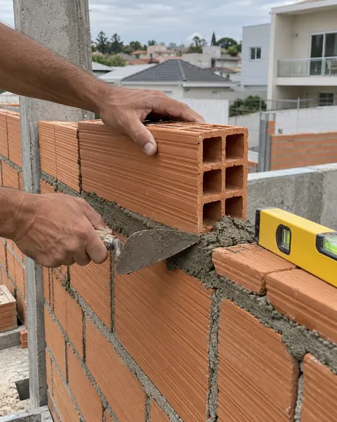 Mãos de pedreiro assentando bloco cerâmico com argamassa e colher de pedreiro, com nível sobre a fiada
