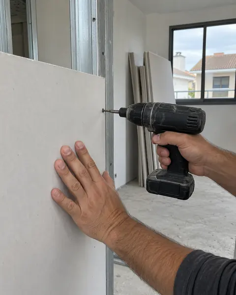 Placa de drywall sendo parafusada em perfis metálicos com parafusadeira