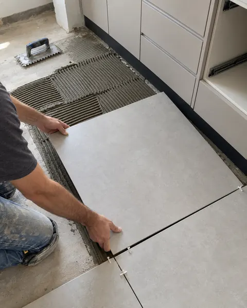 Porcelanato claro sendo assentado no piso de uma cozinha em reforma, com espaçadores e desempenadeira